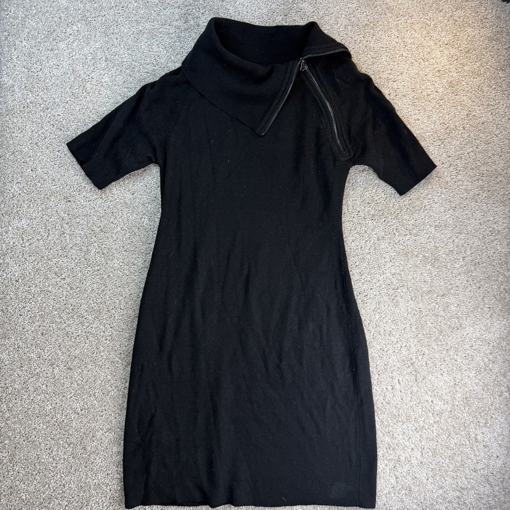 Calvin Klein Dress Womens M Black Short Sleeve Cowl Zip Collar Sweater Dress